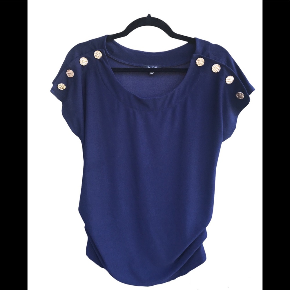 AUW Navy Blouse with Unique Button Shoulders and Side Ruching Vintage